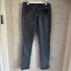 JJ Sparkles size 7 black gray stretchy skinny jeans with rhinestone pockets